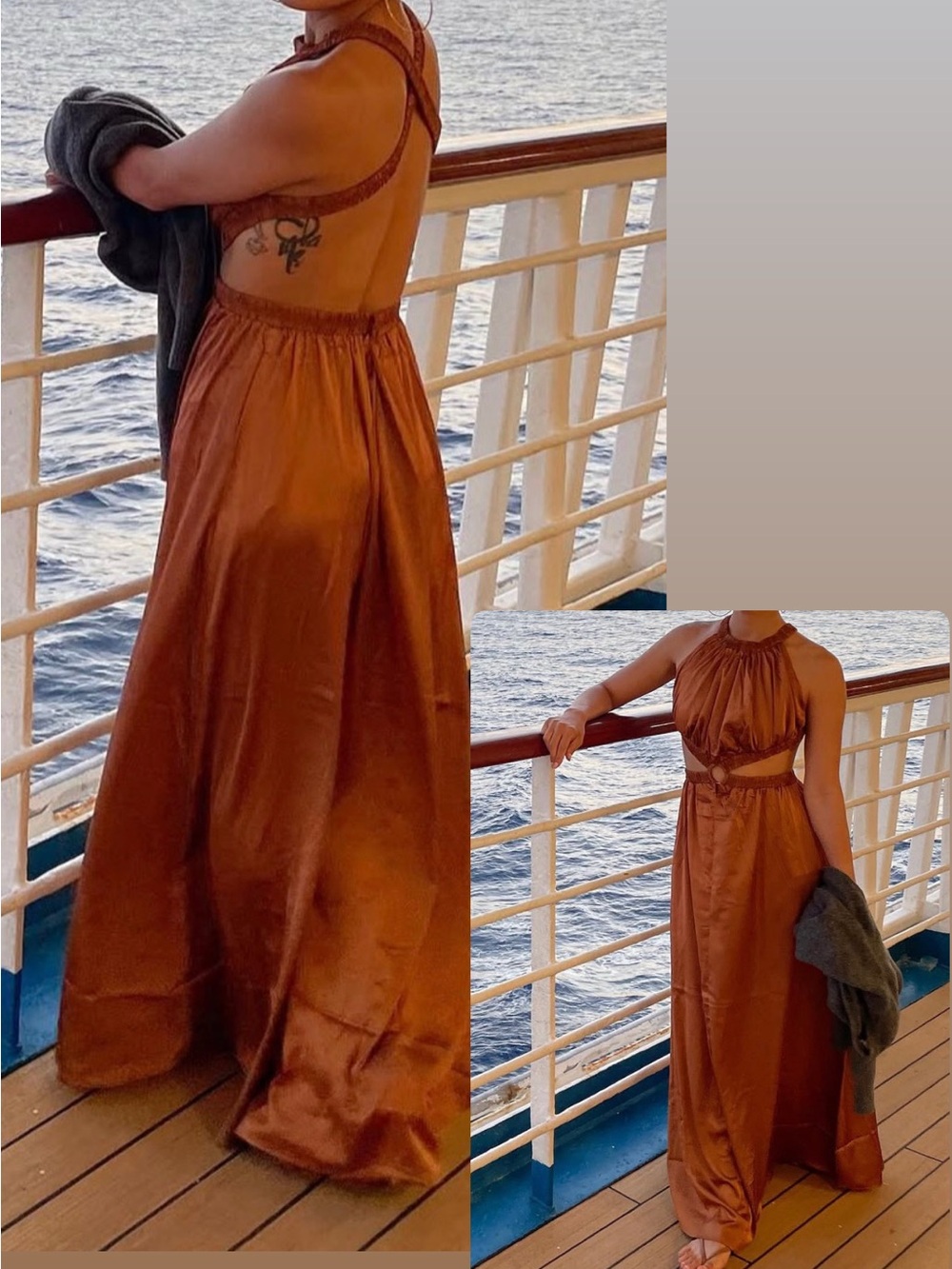 Macy's Satin Halter Cutout Maxi Dress in Rust Brown